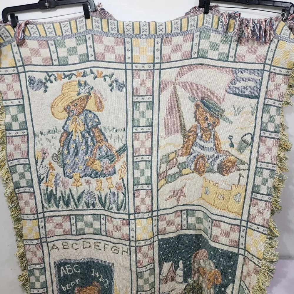 Vintage Teddy Bear Woven Tapestry Throw Blanket Fringe Farmhouse Country 66x48